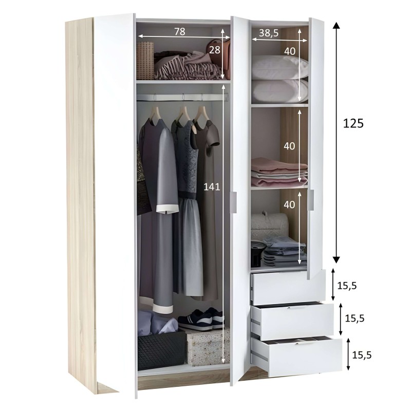 Armario modular blanco y madera con puertas abiertas mostrando compartimentos para ropa y cajones inferiores