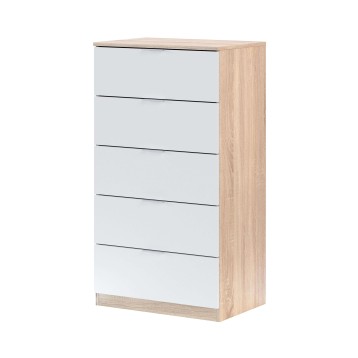 Cómoda de madera natural y frentes blancos con cinco cajones y tiradores negros