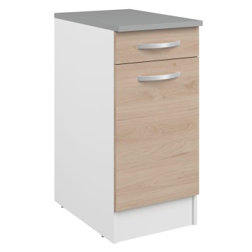 Mueble base de cocina blanco y roble con encimera gris y dos cajones con tirador plateado