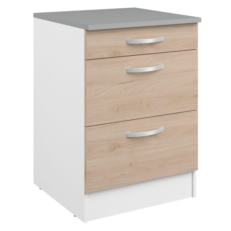 Mueble bajo cocina tres cajones madera clara y blanco con encimera gris