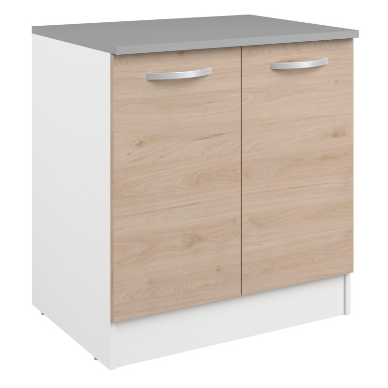 Mueble bajo cocina dos puertas madera clara y blanco con encimera gris