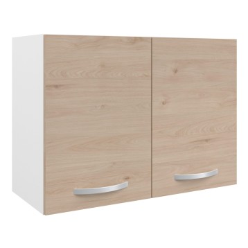 Mueble suspendido con dos puertas en madera clara y estructura blanca con tiradores plateados