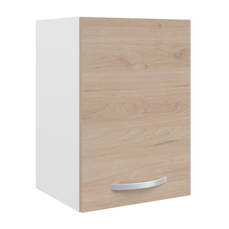 Armario de cocina blanco y madera clara con puerta y tirador metálico