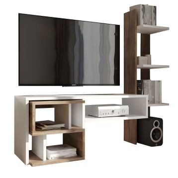 Mueble TV modular con estructura blanca y madera combinada. Incluye estantes abiertos para TV y equipo audiovisual