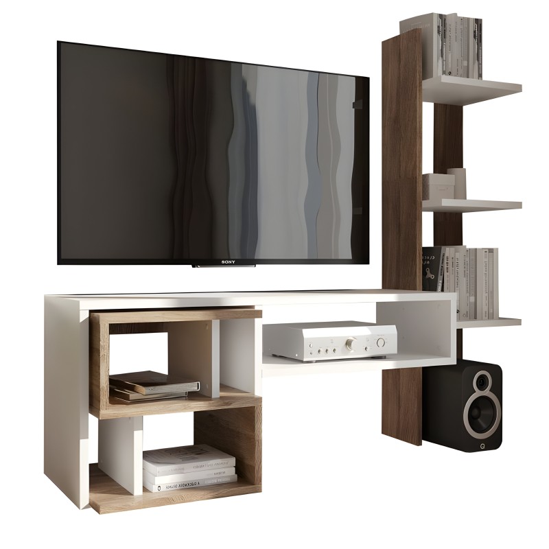 Mueble TV modular con estructura blanca y madera combinada. Incluye estantes abiertos para TV y equipo audiovisual