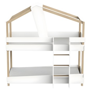 Cama litera infantil en forma de casa con estructura de madera natural y barandillas blancas