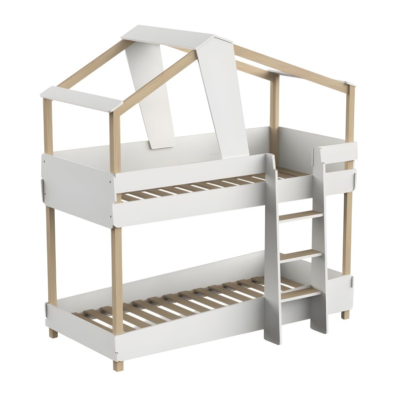 Cama litera infantil con dosel blanco y estructura de madera natural con escalera lateral integrada