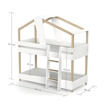 Cama litera infantil blanca y madera con escalera central y dosel superior
