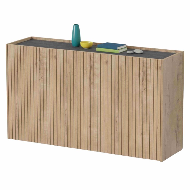 Macetero rectangular en madera clara con tablillas verticales y interior gris oscuro