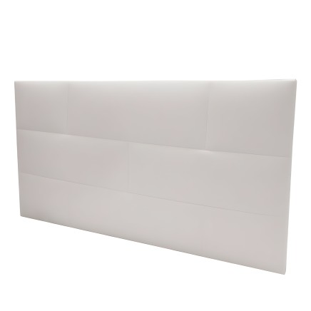 Cabecero tapizado en tela beige claro con paneles acolchados horizontales