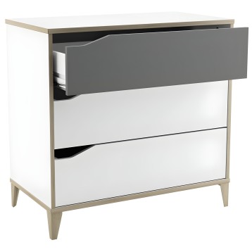 Cómoda blanca y gris con tres cajones y patas de madera natural estilo escandinavo