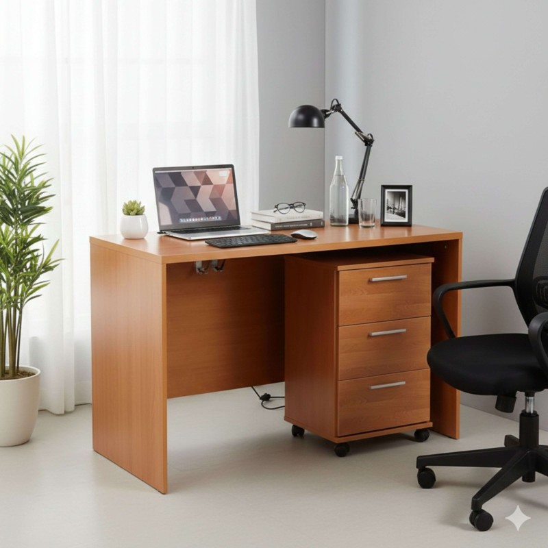Escritorio de madera color miel con cajones laterales móviles y espacio de trabajo en ambiente de oficina