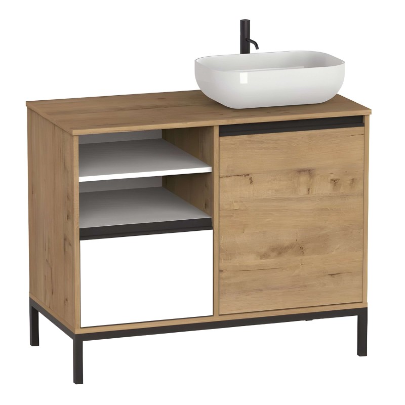 Mueble lavabo en madera natural con lavamanos blanco ovalado y grifo negro integrado