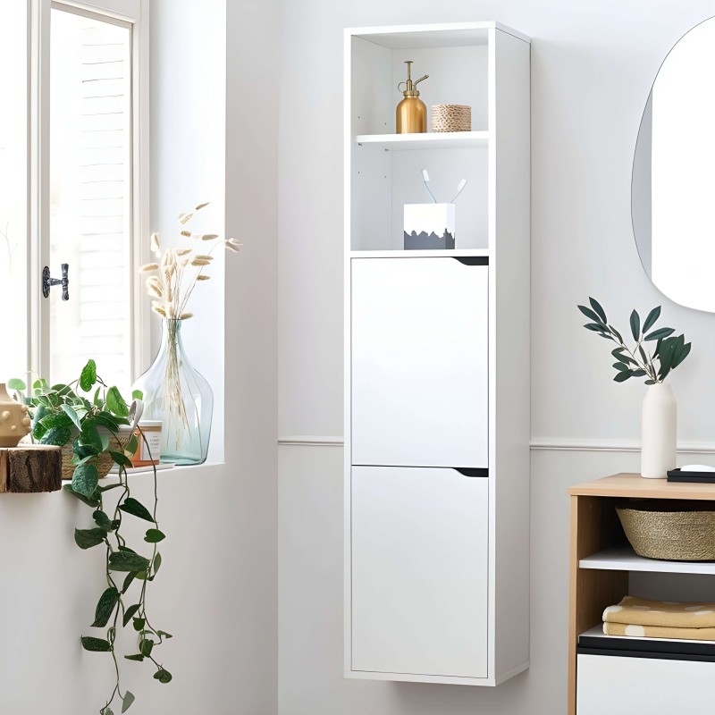 Estantería mueble blanco con compartimentos abiertos y puertas cerradas para almacenaje decorativo