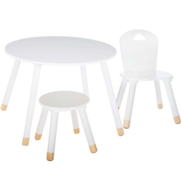 Conjunto de comedor infantil con mesa redonda blanca y dos sillas blancas con patas de madera natural