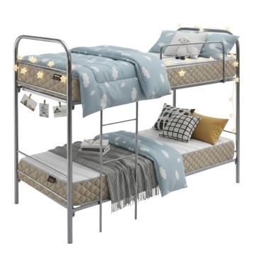 Cama litera de metal gris con dos camas y colchones acolchados beige y ropa de cama azul con estampado de nubes