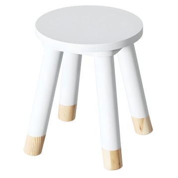 Taburete redondo blanco con asiento circular y cuatro patas de madera natural con acabado bicolor