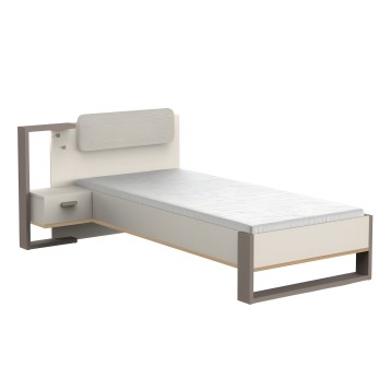 Cama individual con estructura taupe y crema con cabecero acolchado y mesita lateral integrada