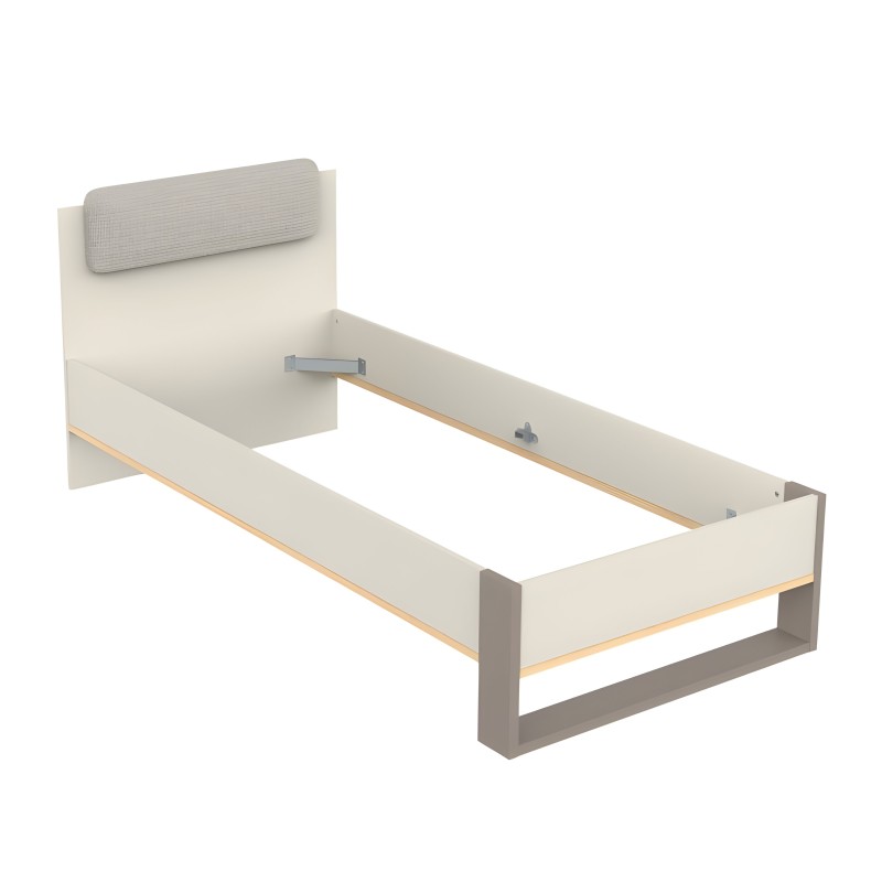 Cama individual blanca con cabecero acolchado gris y estructura de madera natural vista lateral