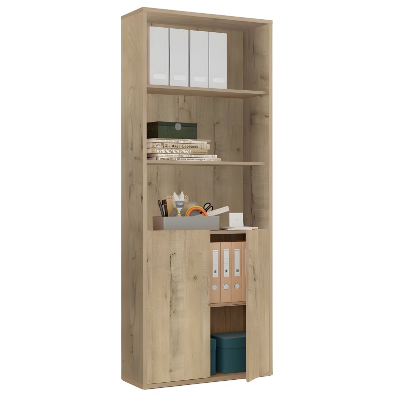 Estantería modular de madera clara con puertas acristaladas y compartimentos abiertos para almacenaje y decoración