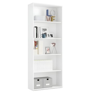 Estantería blanca de seis niveles con libros y objetos decorativos en los estantes