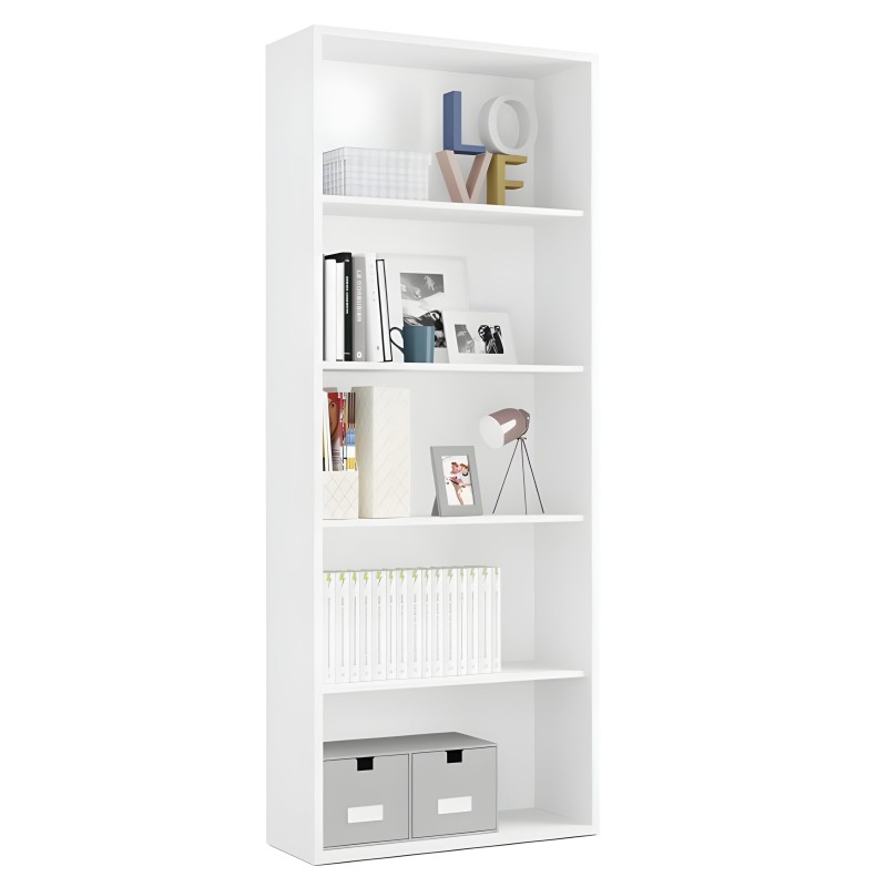 Estantería blanca de seis niveles con libros y objetos decorativos en los estantes