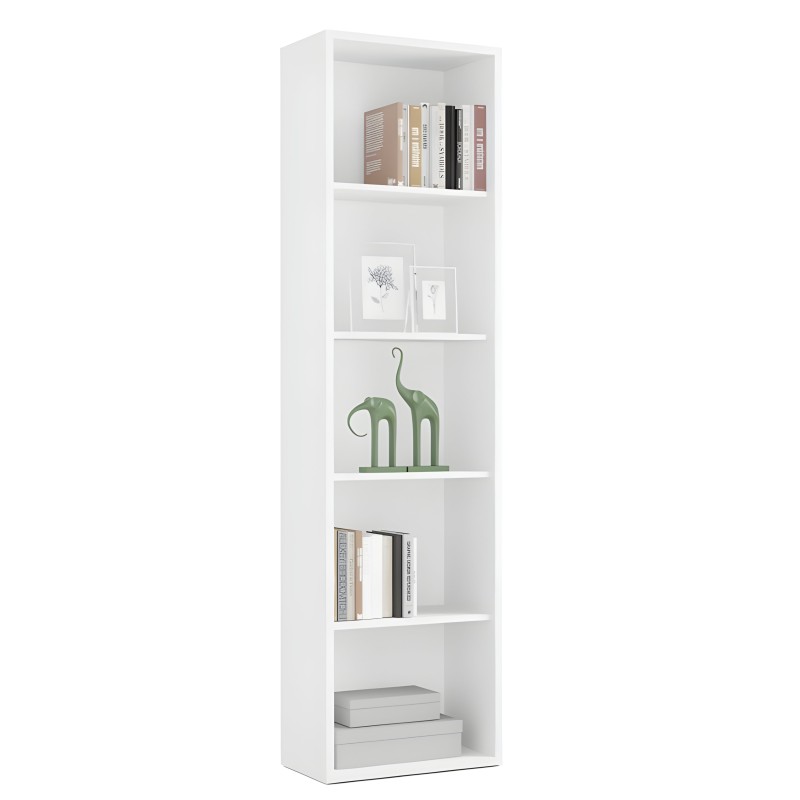 Estantería vertical blanca de madera con 6 compartimentos abiertos para libros y decoración