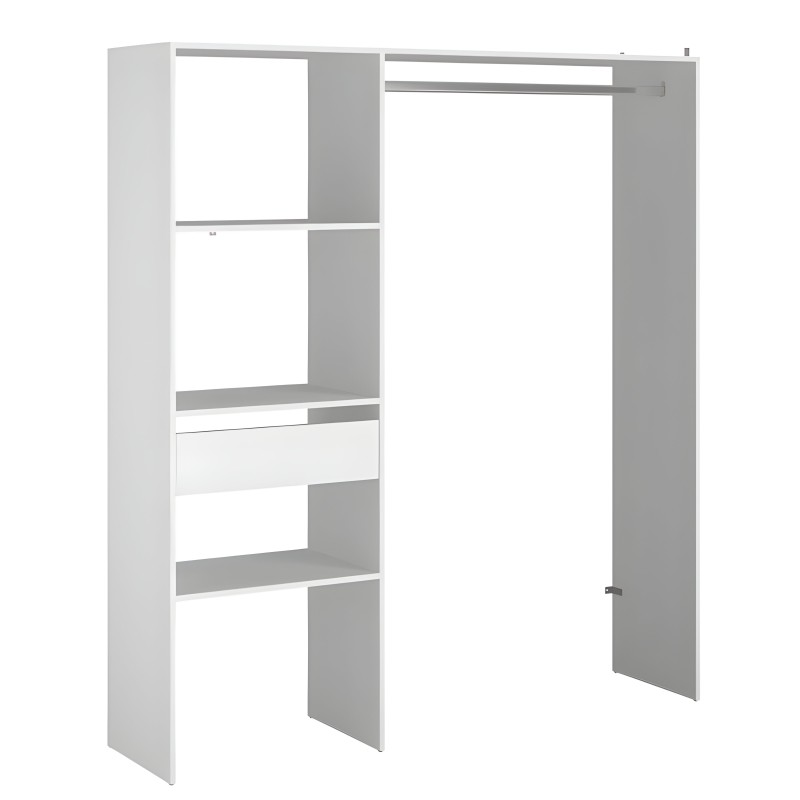 Armario modular blanco y gris con estantes abiertos y puerta corrediza lateral