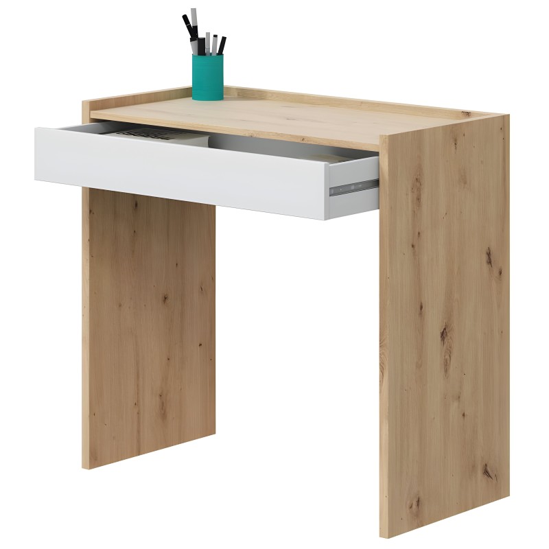 Escritorio de madera natural con cajón blanco y tablero de trabajo en vista frontal
