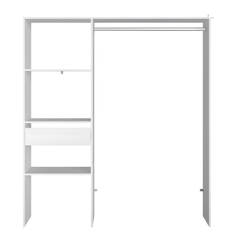 Armario modular blanco y gris con estantes abiertos y puerta corredera vista frontal