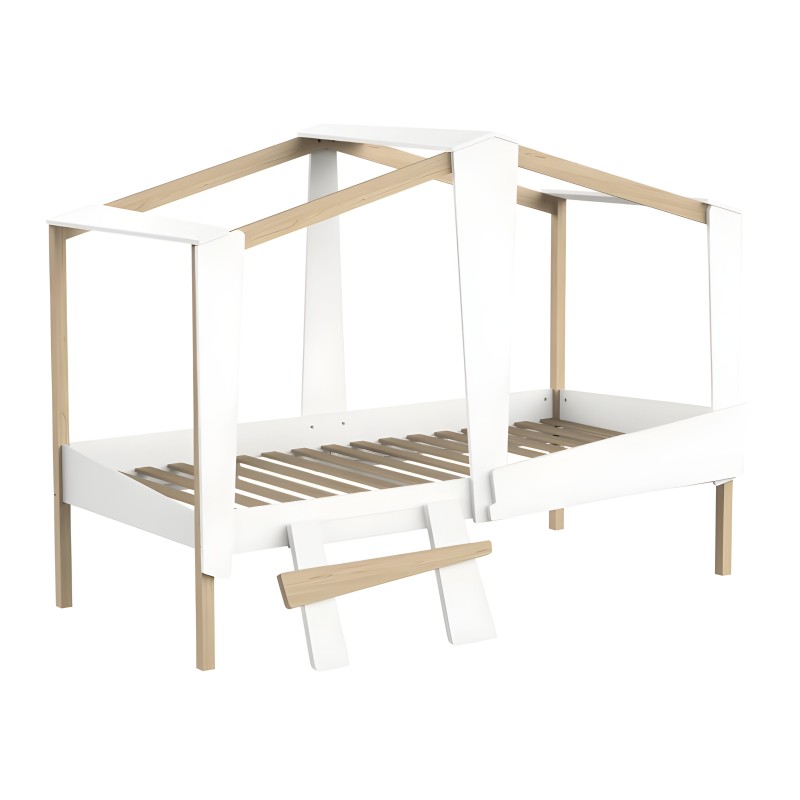 Cama dosel blanca y madera natural con estructura de cuatro postes y somier de lamas