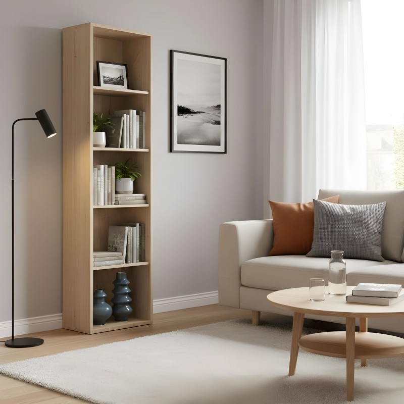 Estantería vertical de madera natural con seis compartimentos abiertos para libros y decoración en salón