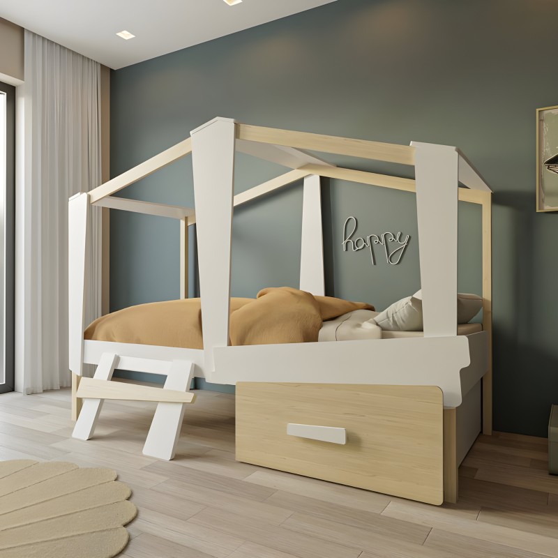 Cama con dosel de madera natural y blanco con estructura de cuatro postes y ropa de cama en tonos neutros