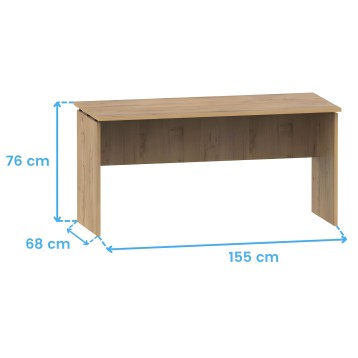 Escritorio de madera clara con tablero superior y estructura en tonos naturales vista frontal con dimensiones