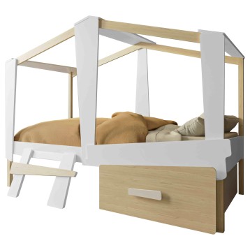 Cama dosel madera clara y blanca con estructura de postes y cajón inferior incluido