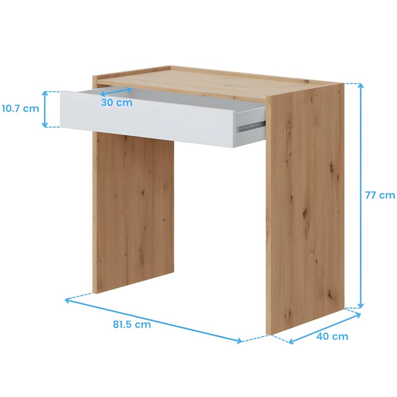 Escritorio de madera natural con cajón blanco y tablero superior de madera vista frontal con medidas