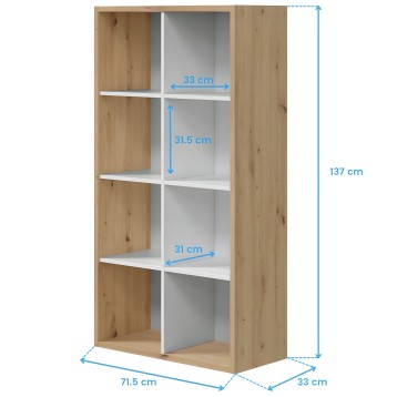 Estantería abierta de madera y blanco con seis compartimentos y divisiones internas