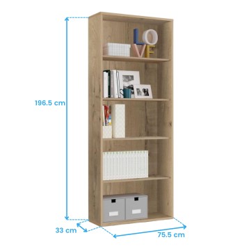 Estantería alta de madera clara con 6 estantes y 2 cajones blancos en la base para almacenamiento y decoración