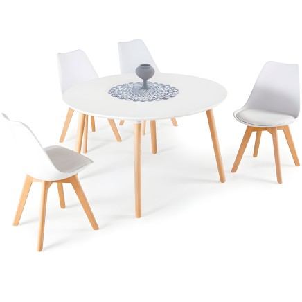 Juego de comedor redondo blanco con patas de madera y sillas blancas estilo nórdico