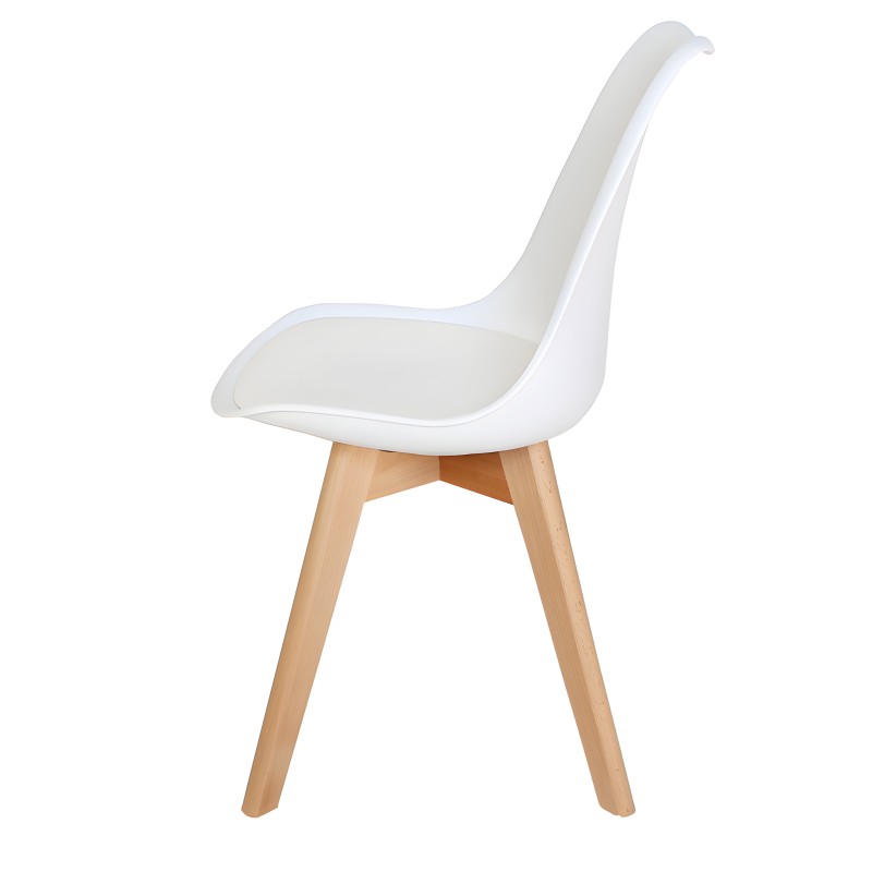 Silla moderna de plástico blanco con asiento acolchado y patas de madera natural