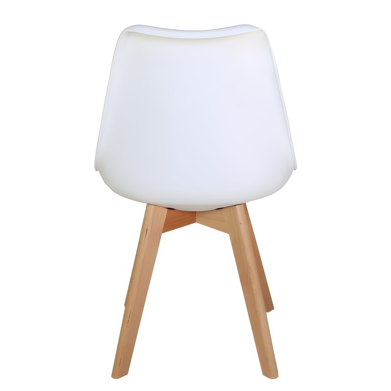 Silla de diseño moderno con asiento blanco redondeado y patas de madera natural