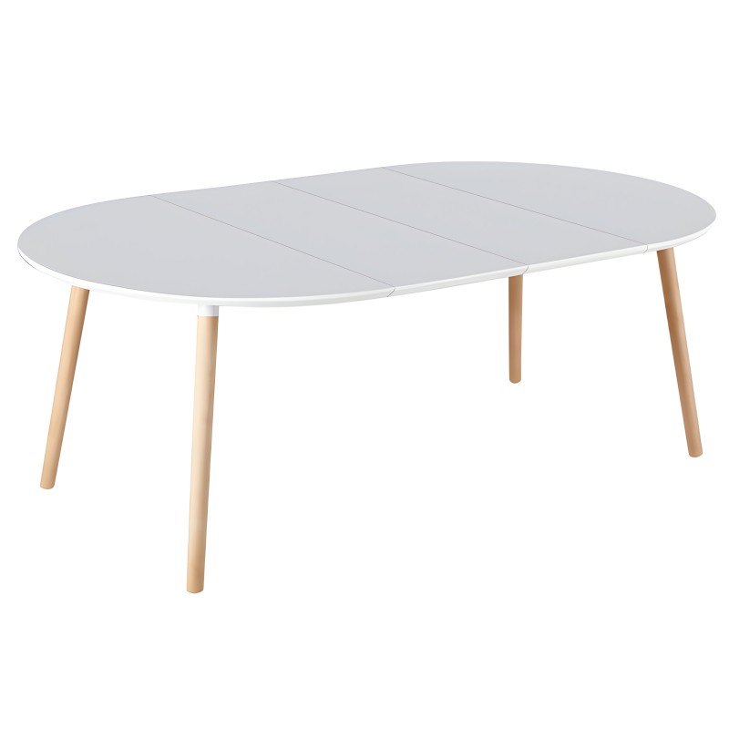 Mesa de comedor ovalada extensible blanca con tablero gris y patas de madera natural