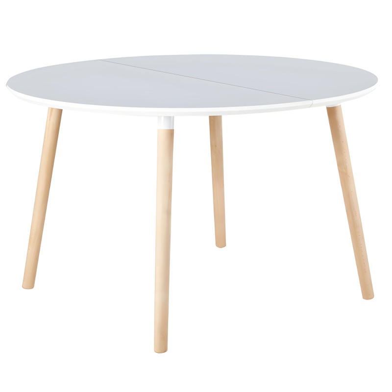 Mesa redonda extensible blanca con tablero gris y patas de madera natural