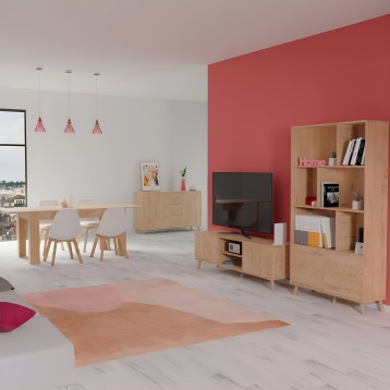Conjuntos de mueble de salón de madera natural con compartimentos abiertos y puertas para almacenamiento en salón