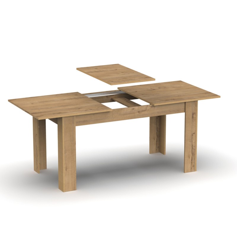 Mesa de comedor extensible en madera clara con patas macizas y tablero removible