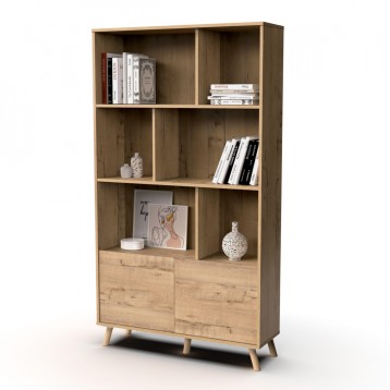 Estantería de madera con 6 compartimentos abiertos y 2 puertas inferiores. Diseño moderno con patas de madera y acabado natural 