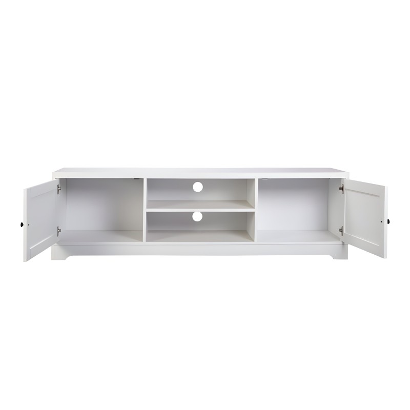 Mueble TV blanco con puertas laterales abiertas y estantes centrales con orificios para cables vista frontal