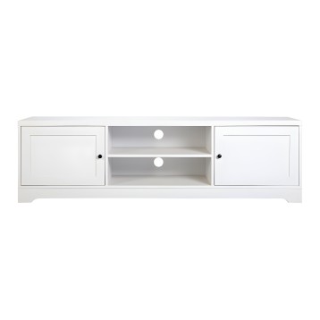 Mueble TV blanco con dos puertas laterales y centro abierto con dos estantes y orificios para cables