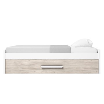 Cama individual blanca y madera clara con cajón de almacenaje y colchón gris