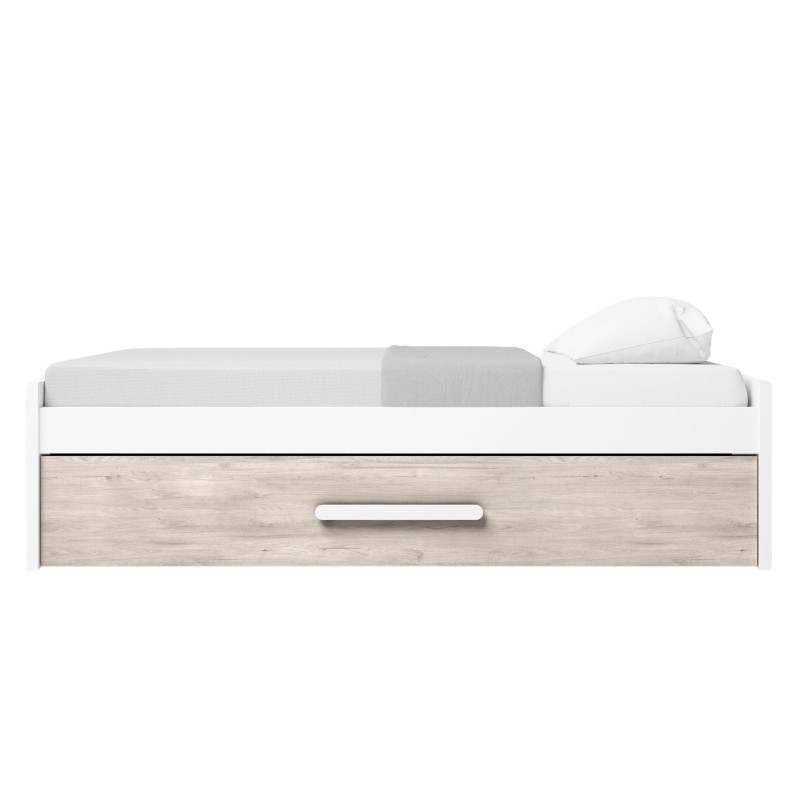 Cama individual blanca y madera clara con cajón de almacenaje y colchón gris